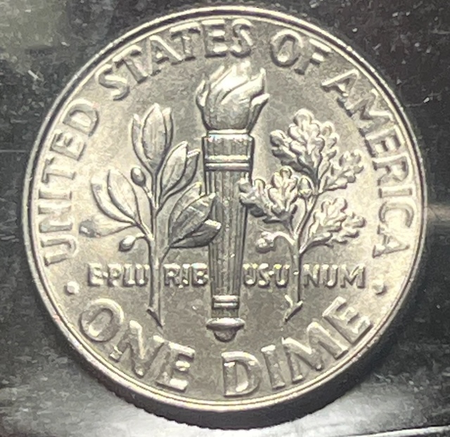 2015-P Roosevelt dime Doubled Die Reverse FS-801 error showing doubling on reverse torch design elements