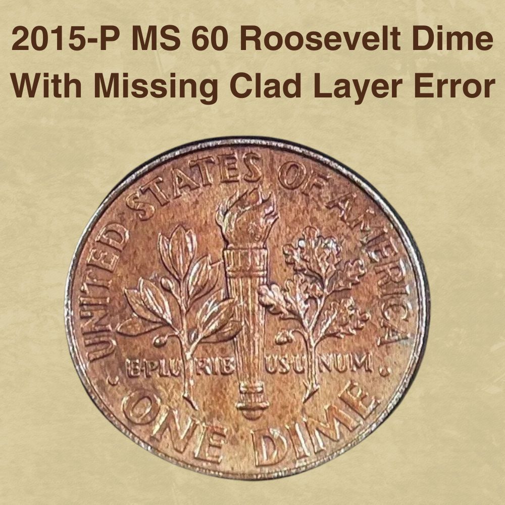 2015 Roosevelt dime missing clad layer error showing copper-colored core exposed on coin surface