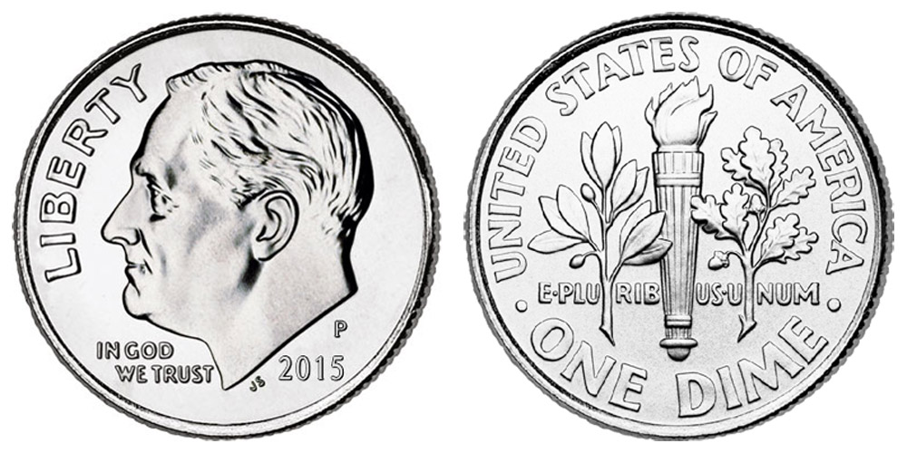Group of 2015 Roosevelt dimes from Philadelphia and Denver mints arranged on display surface
