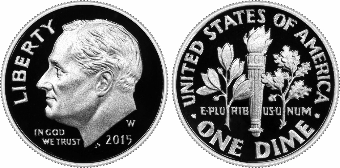 Grading strip showing four 2015 Roosevelt dimes across four condition tiers: worn, circulated, about uncirculated, and gem uncirculated